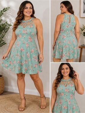 No Boundaries 2XL Floral Dress Mint Green Strappy Cage Neck Fit Flare XXL